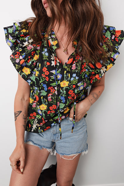 Flower Tiered Flutter Sleeve V-Neck Blouse
