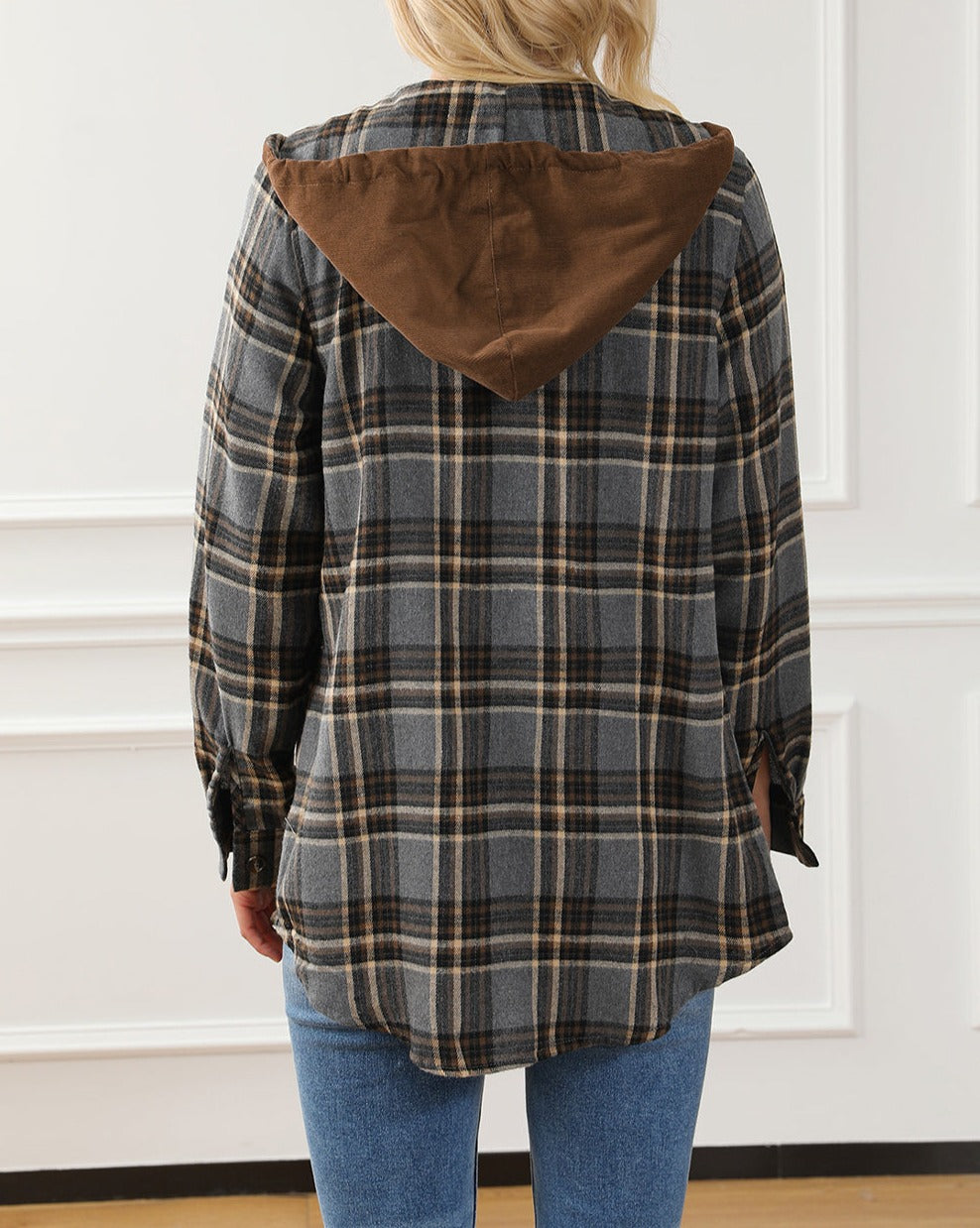 Plaid Contrasting Hood Pocketed Shacket