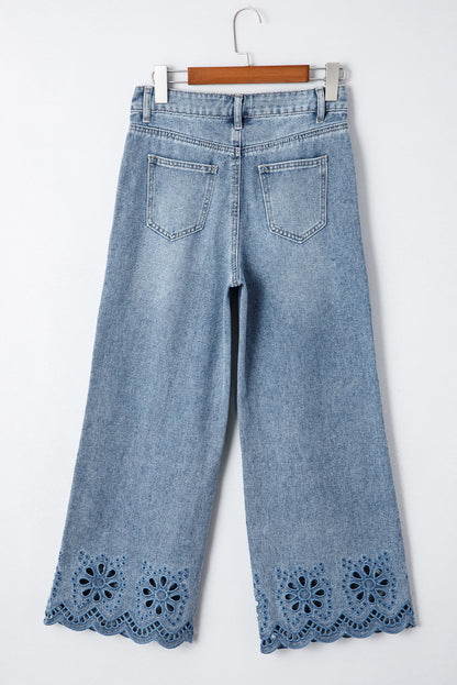 Solid Denim Embroidered Wide Leg Jeans