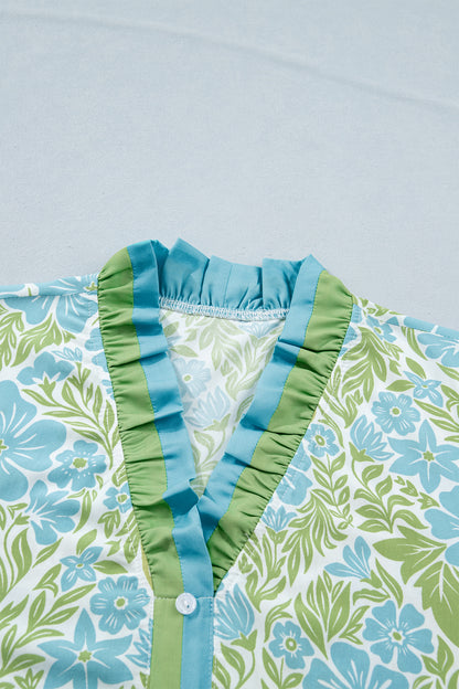 Floral Frilled V-Neck Button Front Dress