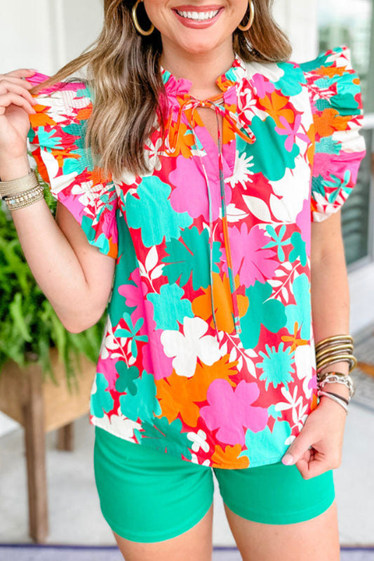 Floral Tie Ruffle Trim Blouse