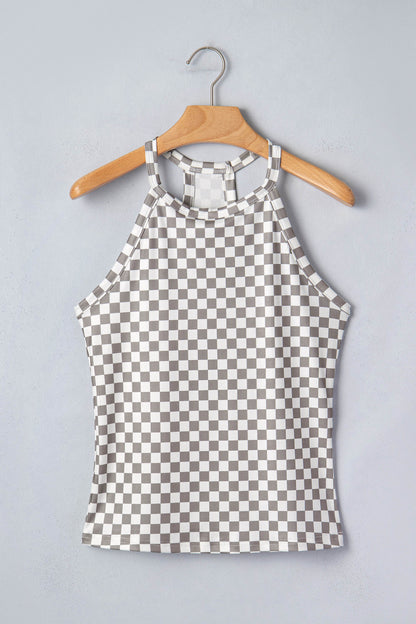 Checker Ribbed Knit Halter Tank Top