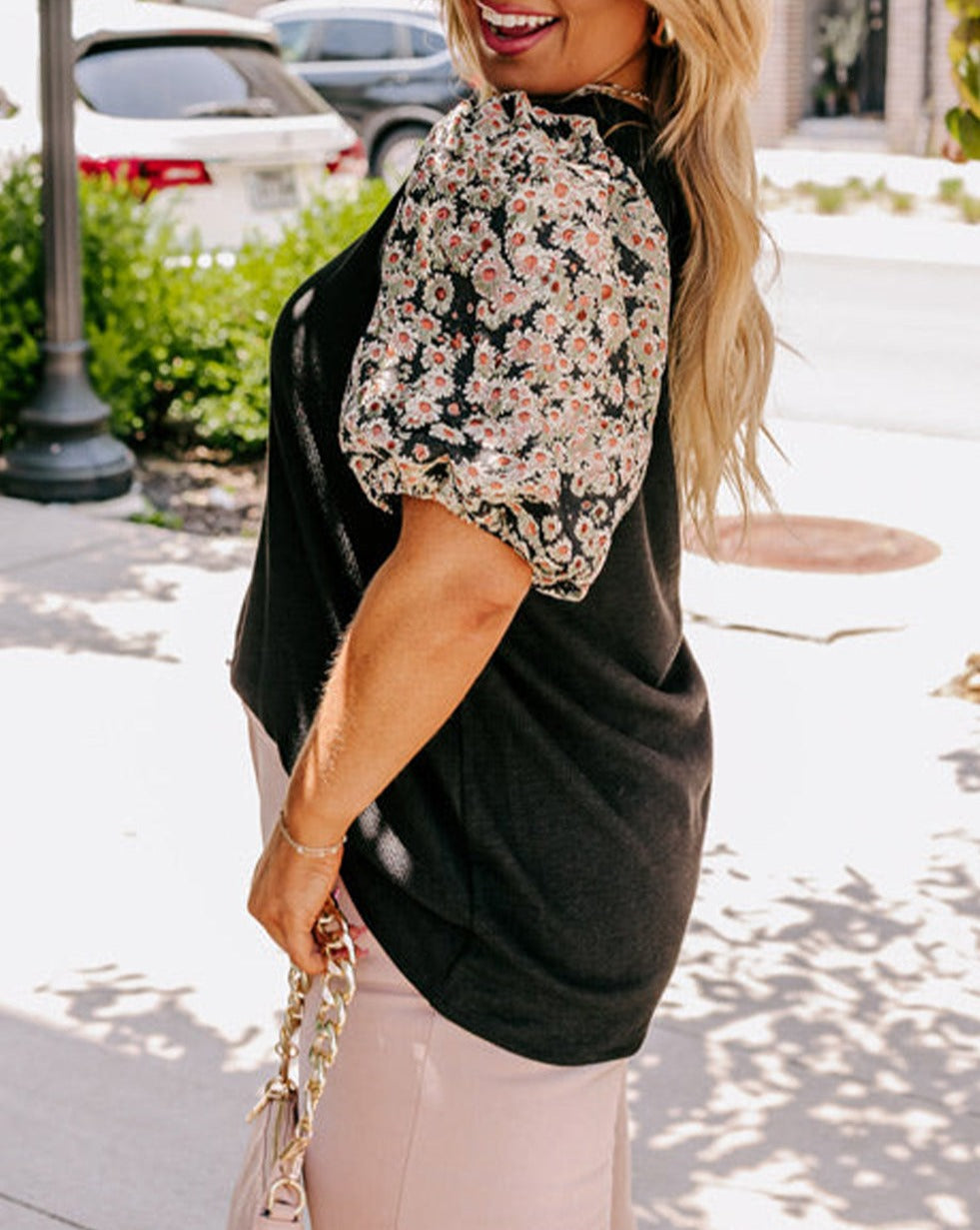 Floral Bubble Sleeve Tunic Top Plus Size