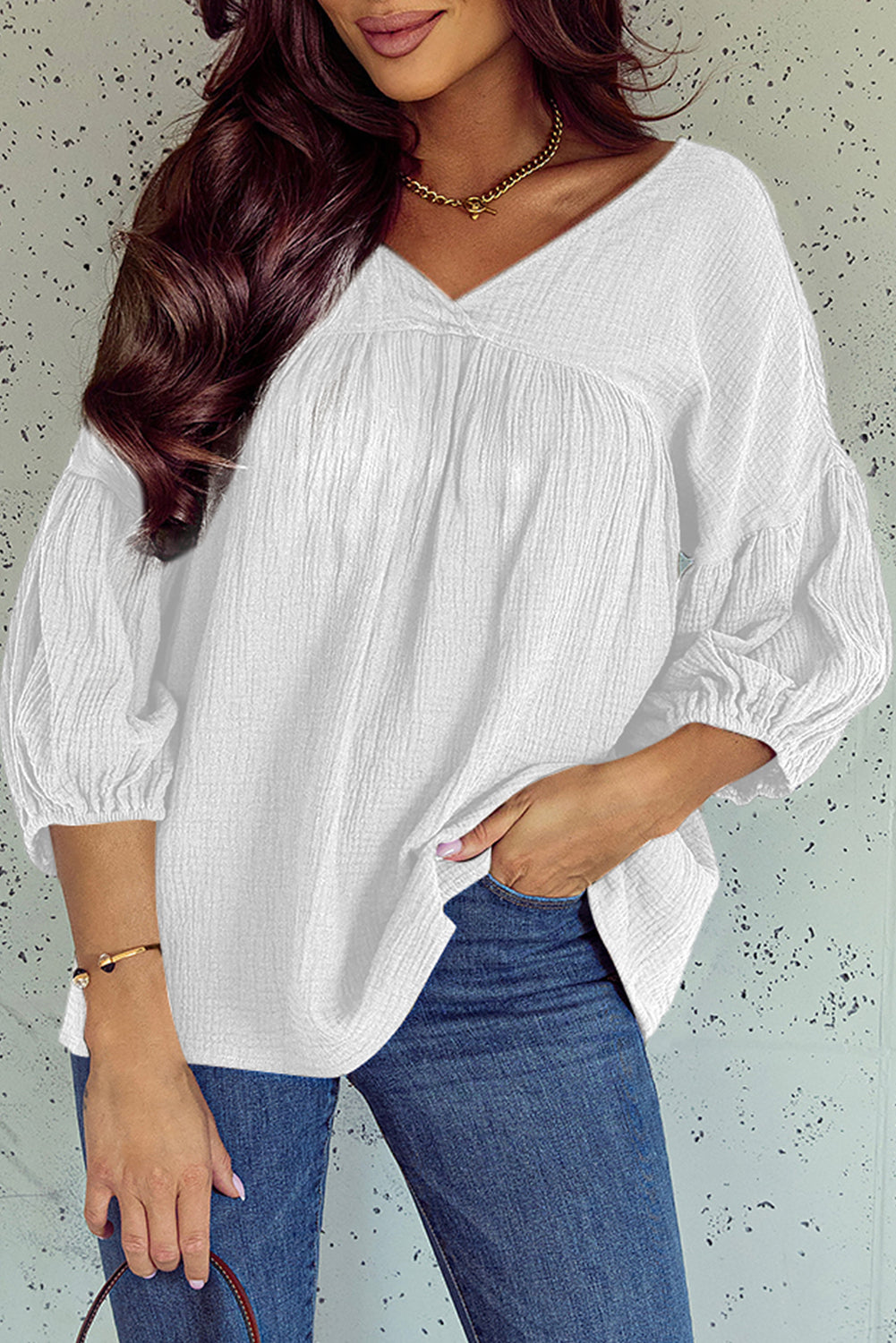 Gauze 3/4 Sleeve Babydoll Blouse