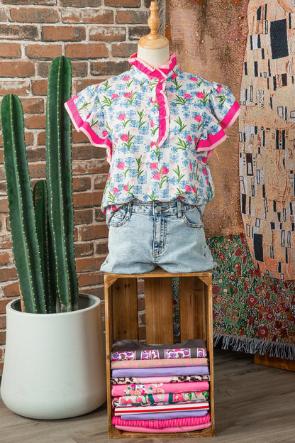 Floral Colorblock Flutter Sleeve Half Button Blouse