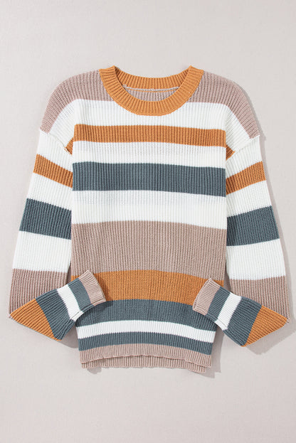 Colorblock Stripe Ribbed Round Neck Sweater