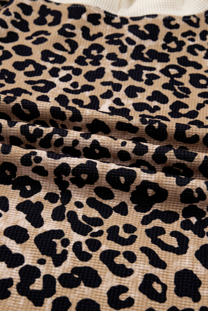 Leopard Waffle Knit Kangaroo Pocket Hooded Sweatshirt
