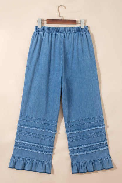 Denim Chambray Ruffle Hem Wide Leg Pants