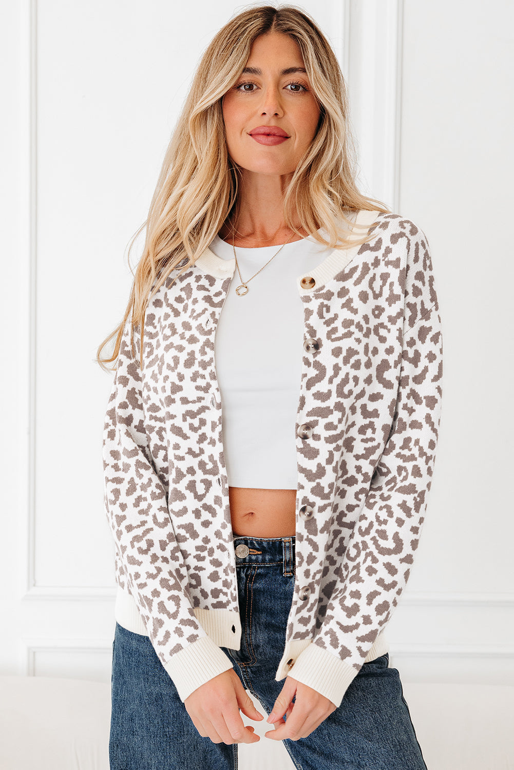 Leopard Drop Shoulder Chunky Cardigan Sweater
