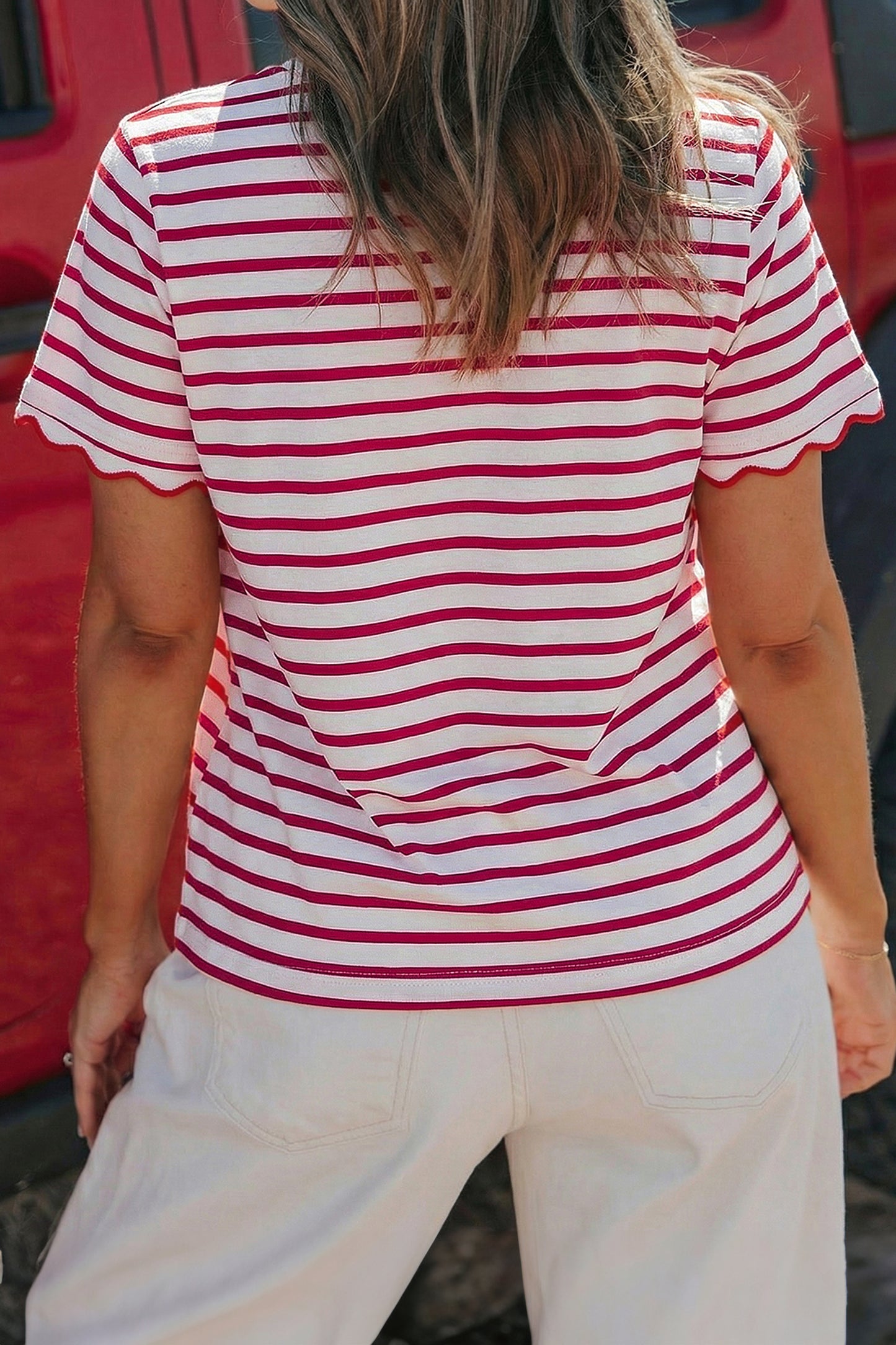Stripe Scallop Trim Round Neck T-Shirt