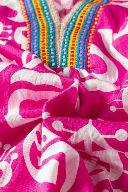 Boho Abstract Contrast Trim V-Neck Flared Dress