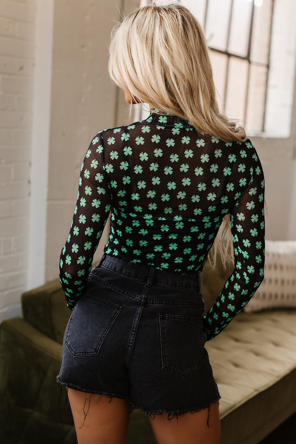 St Patrick Shamrock Mesh Long Sleeve Bodysuit