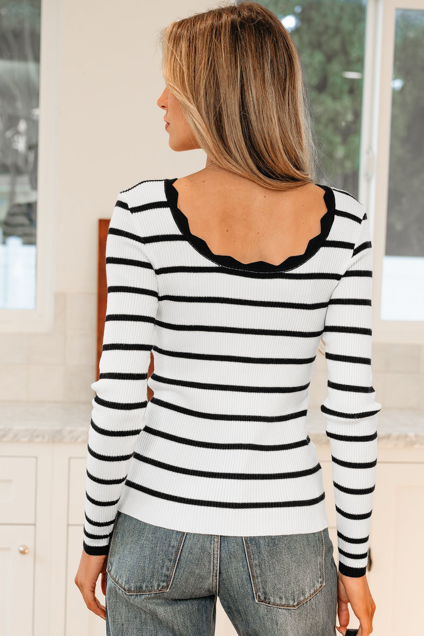 Stripe Scalloped Scoop Neck Ribbed Knit Sweater