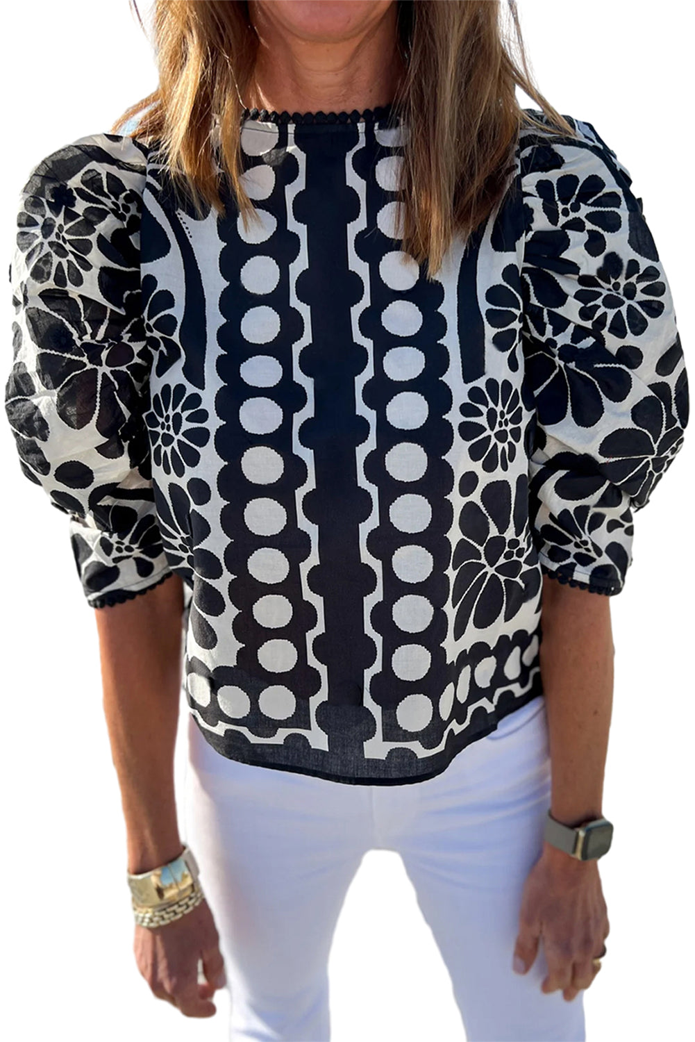 Geometric Floral Puff Sleeve Blouse