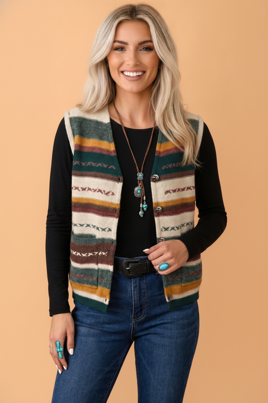 Stripe Button Front Sleeveless Sweater Knit Vest