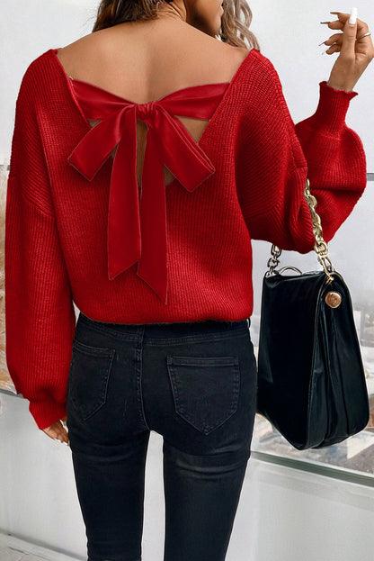 Bow Back Lantern Sleeve V-Neck Sweater
