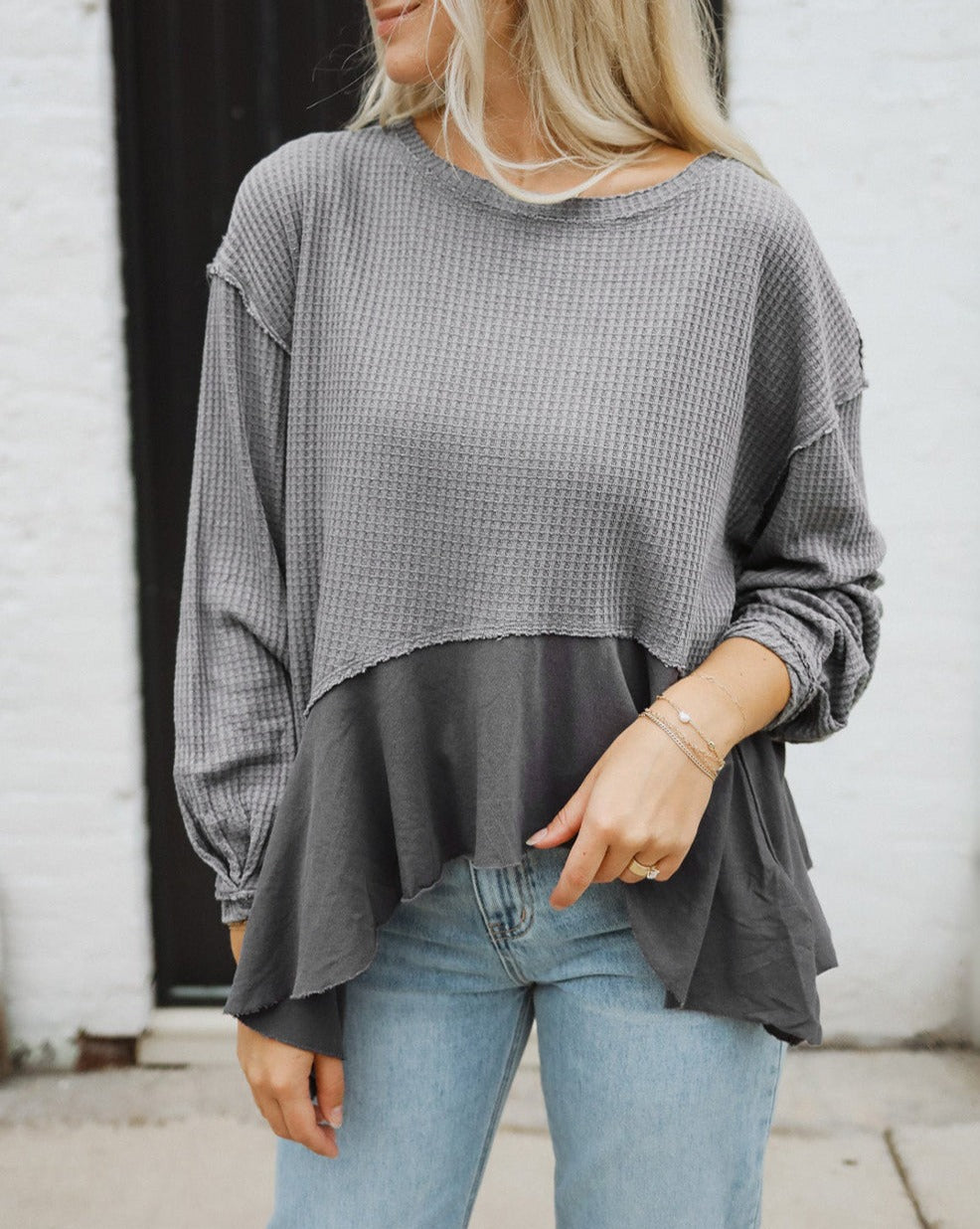 Waffle Ruffle Long Sleeve Top