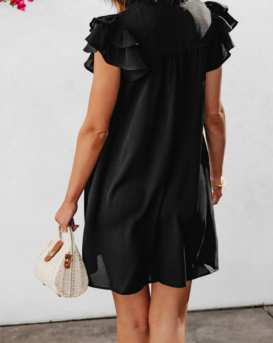 Ruffle Short Sleeve Buttoned Dress