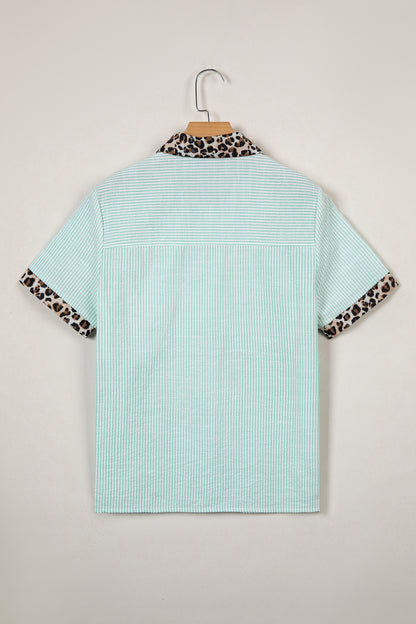 Stripe Leopard Contrast Collar Short Sleeve Shirt
