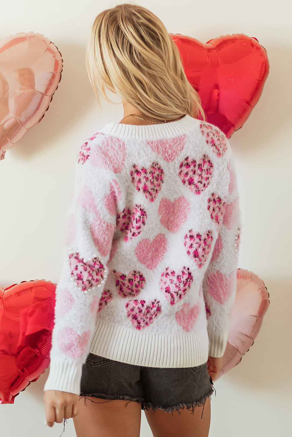 Valentine Leopard Heart Pearl Beaded Fuzzy Sweater