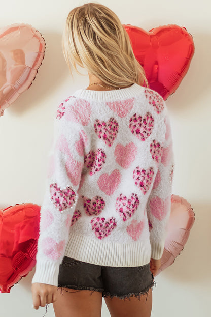 Valentine Leopard Heart Pearl Beaded Fuzzy Sweater