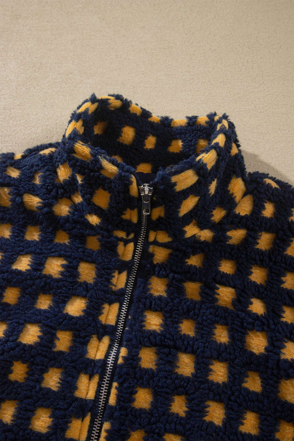 Gingham Sherpa Fleece Zip-Up Jacket