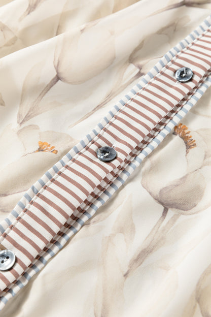 Plus Size Floral Stripe Trim Patchwork Button-Up Dress