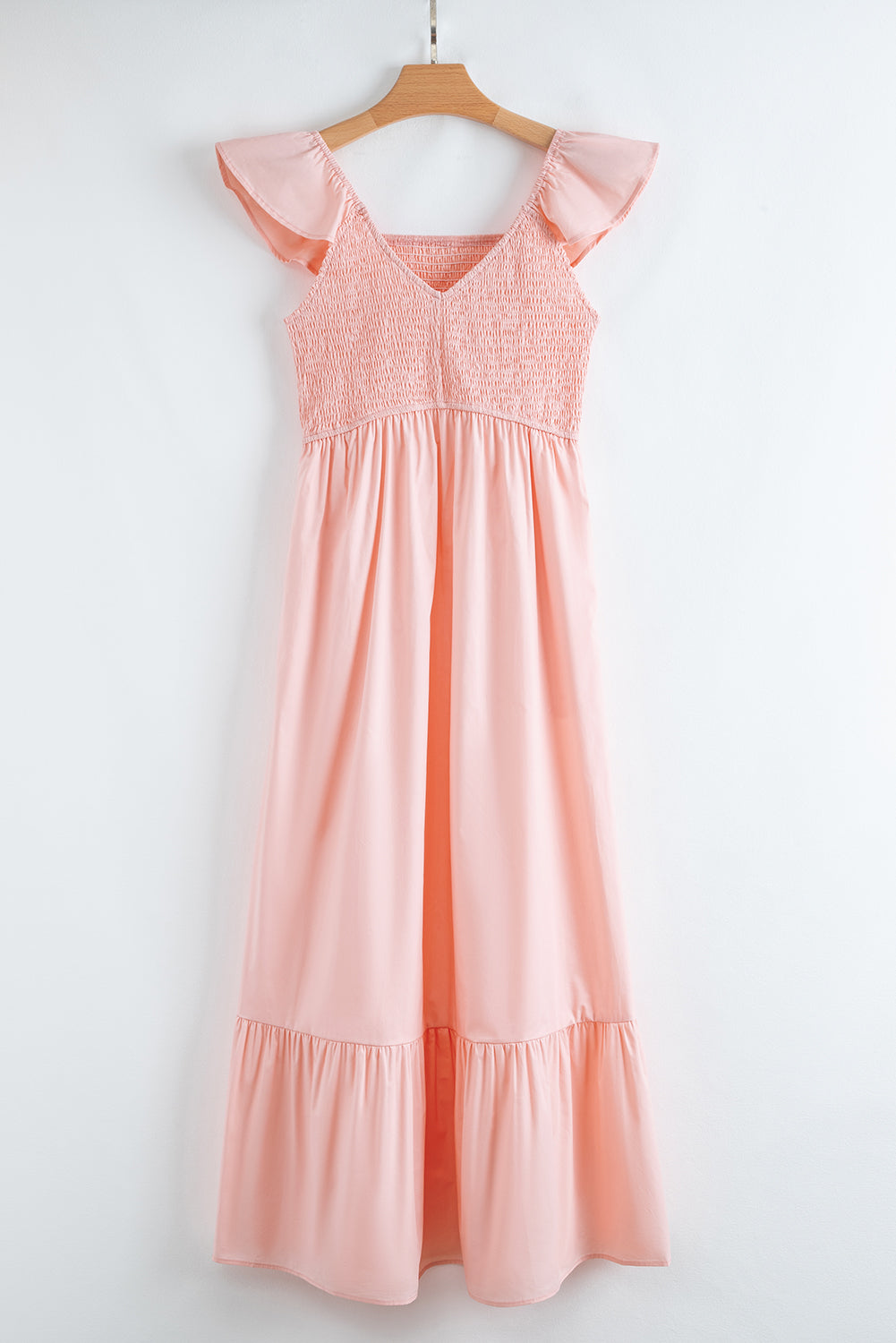 Solid V-Neck Flutter Sleeve Ruffle Maxi Dress