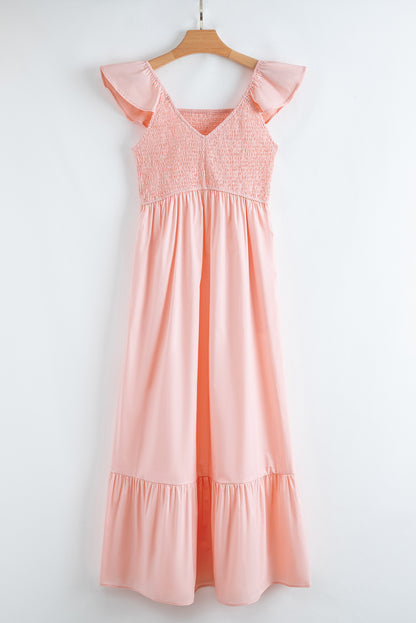 Solid V-Neck Flutter Sleeve Ruffle Maxi Dress
