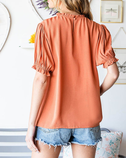 Frilled Neck Puff Sleeve Blouse