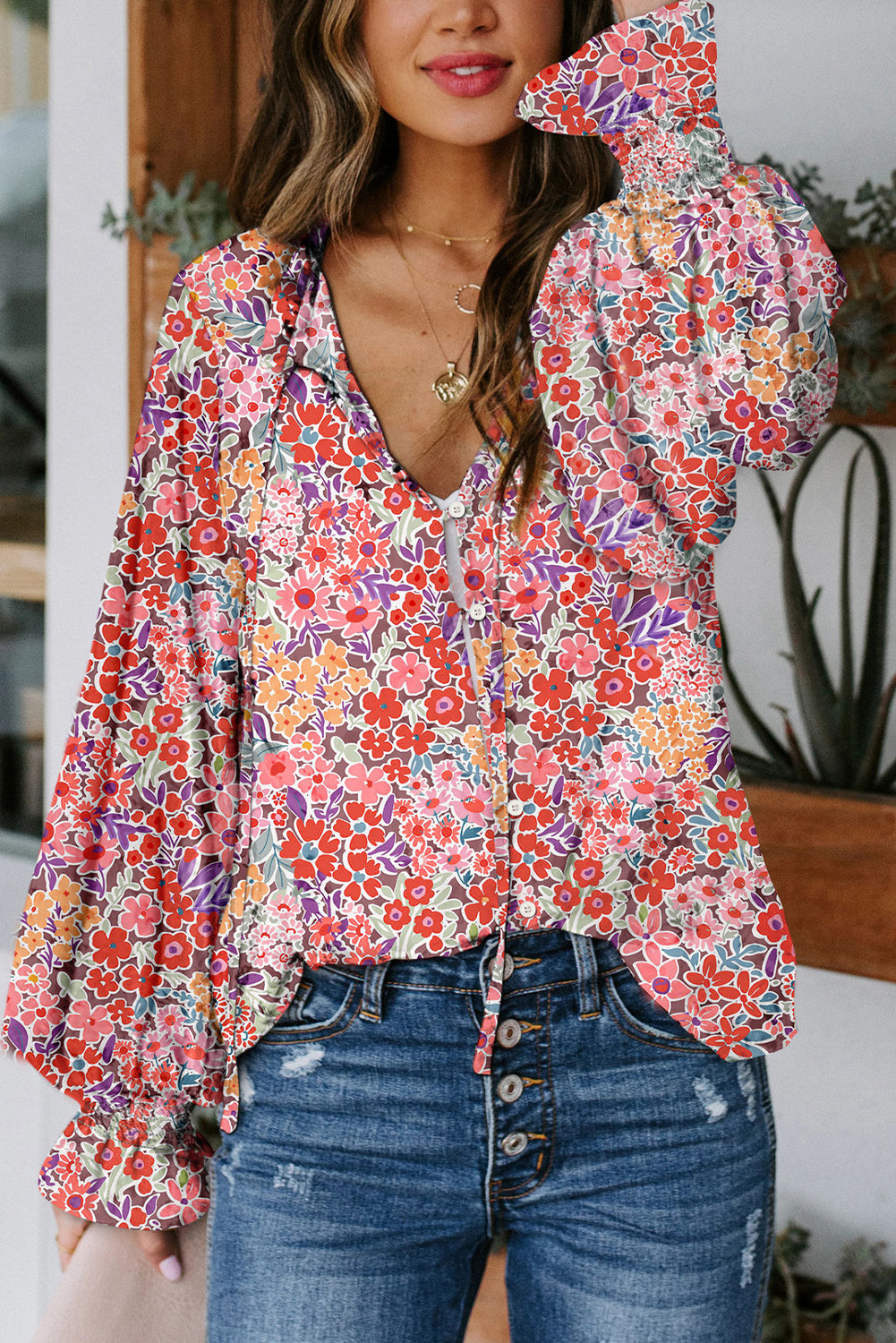 Boho Floral Smocked Puff Sleeve Blouse