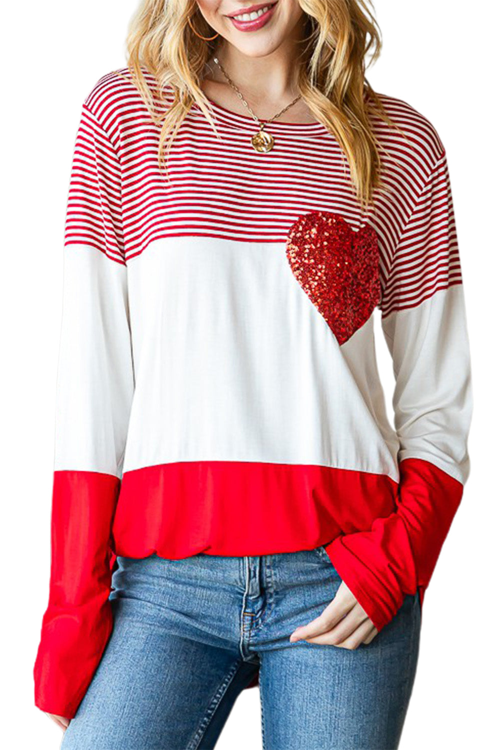 Sequin Heart Striped Colorblock Top