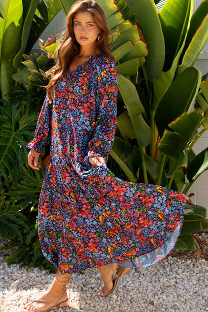 Floral V-Neck Long Sleeve Maxi Dress