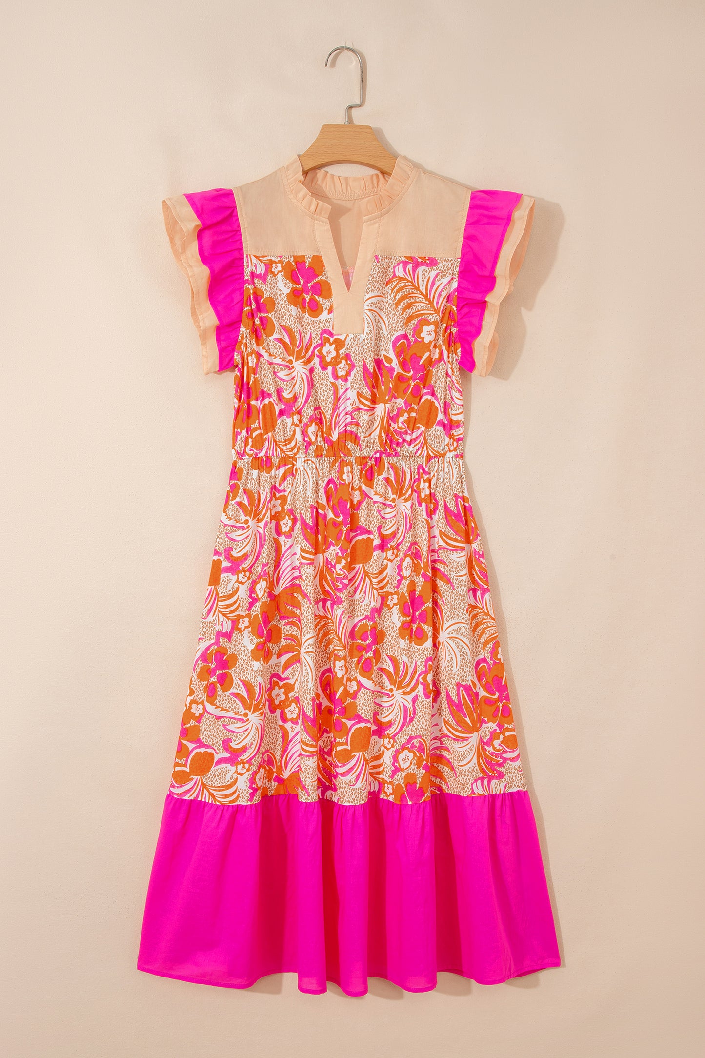 Floral Colorblock Ruffle Short Sleeve Midi Dress