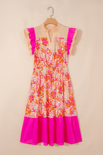 Floral Colorblock Ruffle Short Sleeve Midi Dress