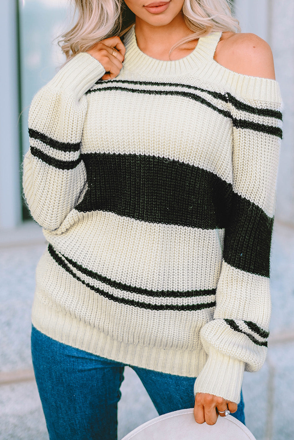 Stripe Cold Shoulder Sweater