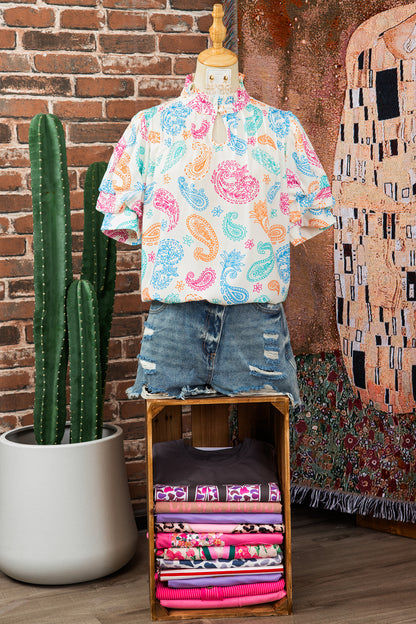 Paisley Button Keyhole Puff Sleeve Blouse