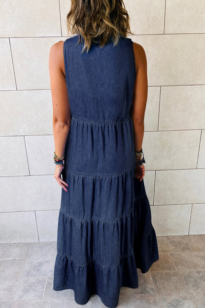 Chambray Sleeveless Tiered Maxi Dress