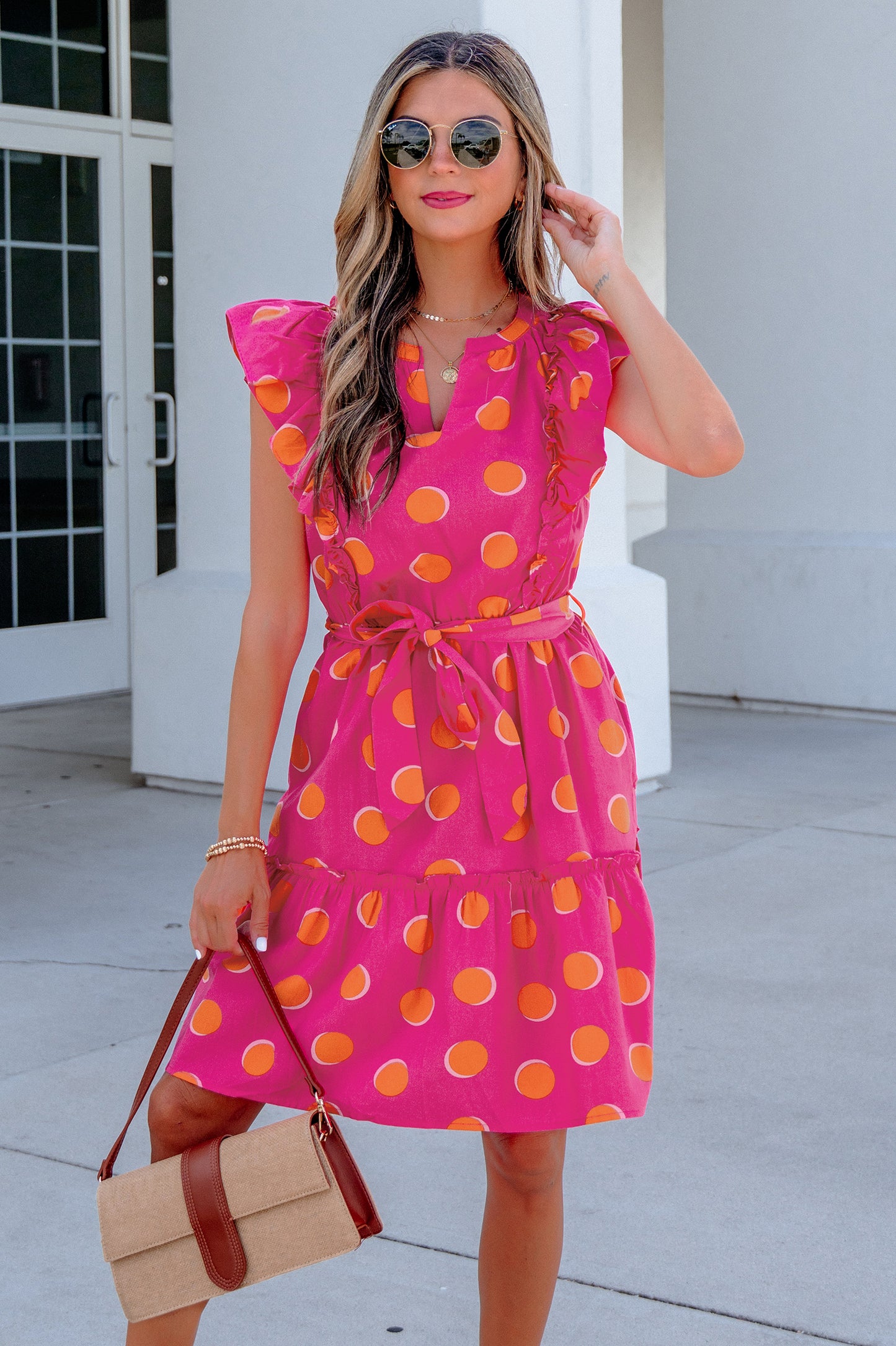 Polka Dot V-Neck Ruffle Belted Mini Dress