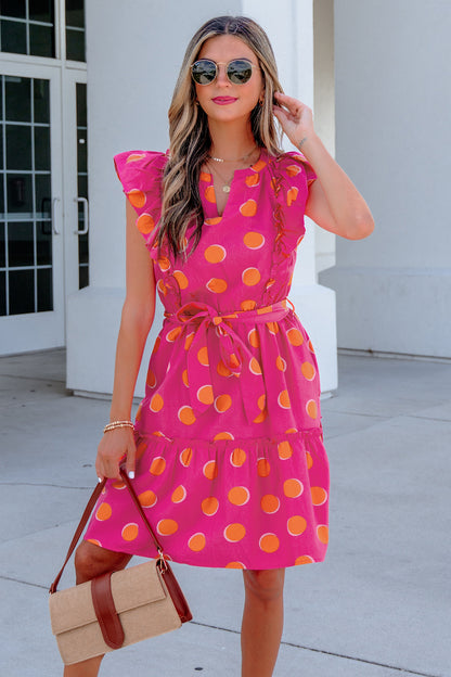 Polka Dot V-Neck Ruffle Belted Mini Dress