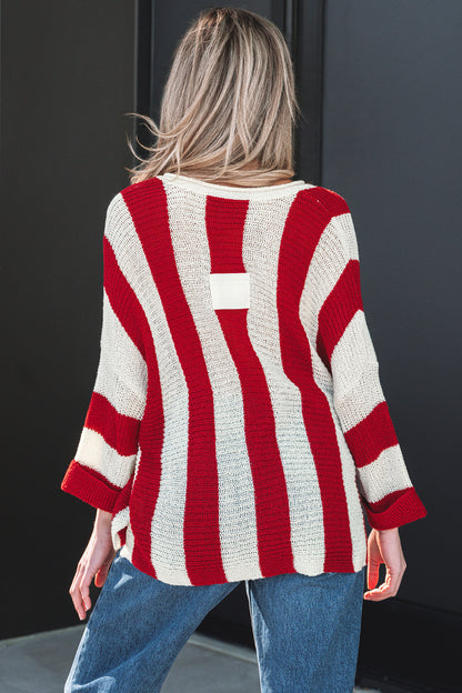 Colorblock Stripe V-Neck 3/4 Sleeve Sweater