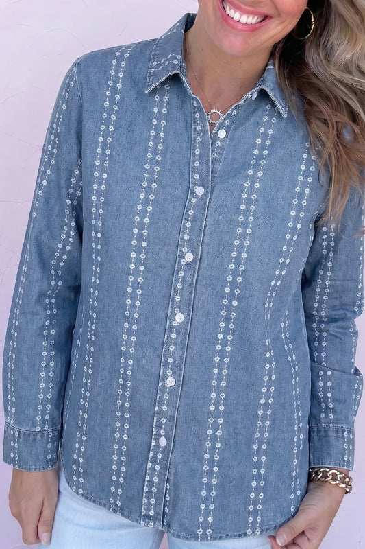 Floral Stripe Denim Buttoned Long Sleeve Shirt