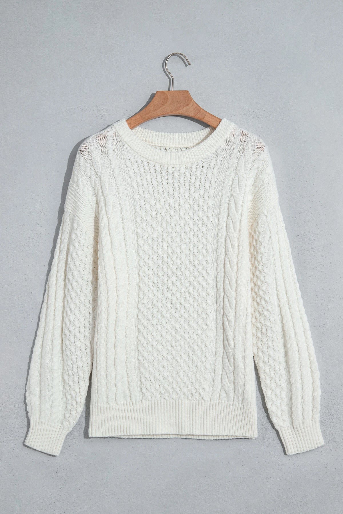 Solid Cable Knit Round Neck Long Sleeve Sweater