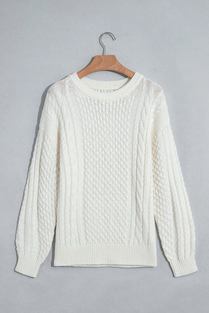 Solid Cable Knit Round Neck Long Sleeve Sweater