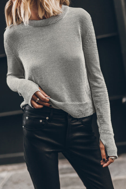 Solid Long Thumbhole Sleeve Sweater