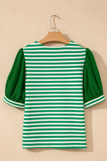 Stripe Patchwork Puff Short Sleeve V-Neck Blouse