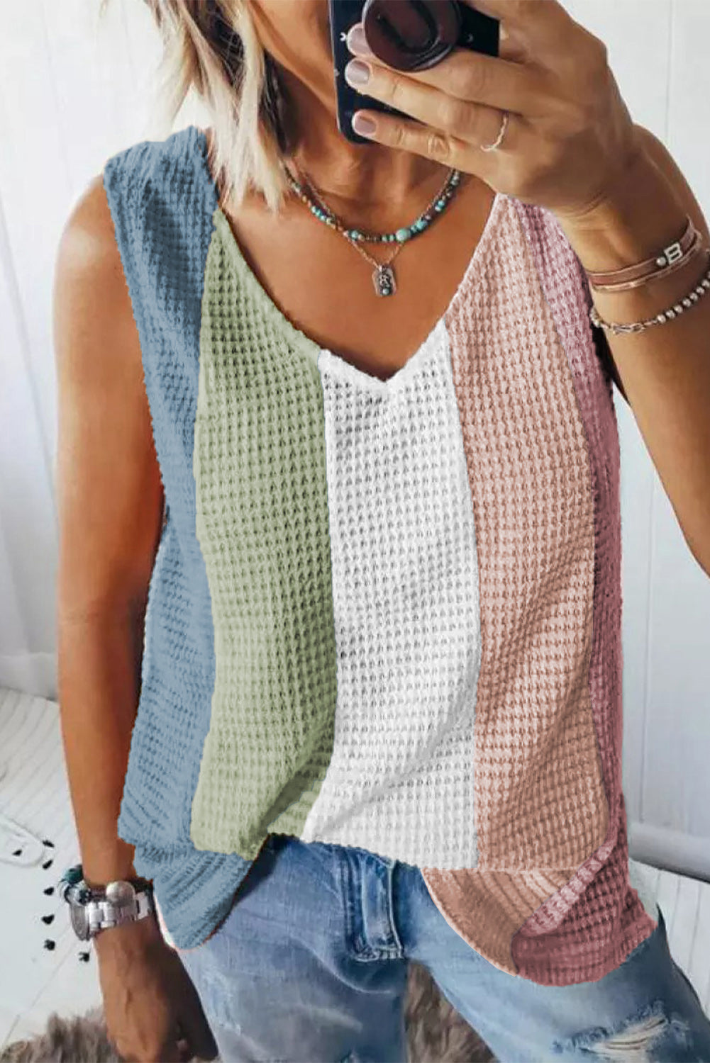 Colorblock Stripe Waffle V-Neck Top