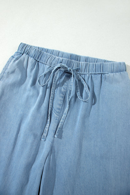 Ruffle Hem High Waist Wide Leg Chambray Pants