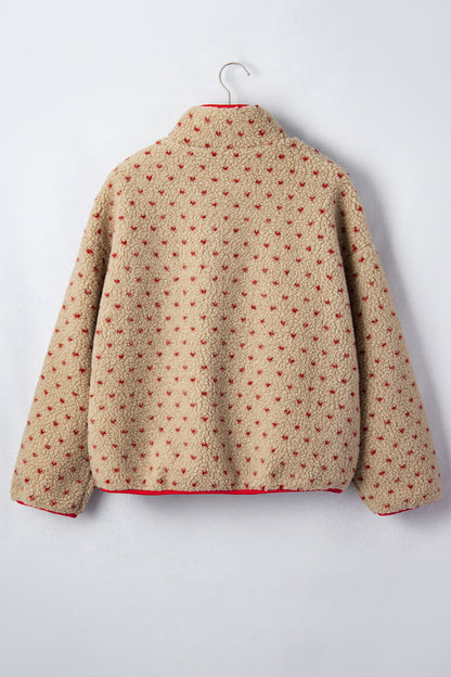 Heart Fleece Colorblock Half Button Collared Sweatshirt