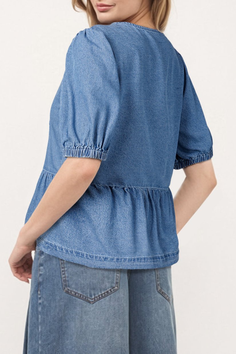 Denim Bubble Sleeve Peplum Shirt